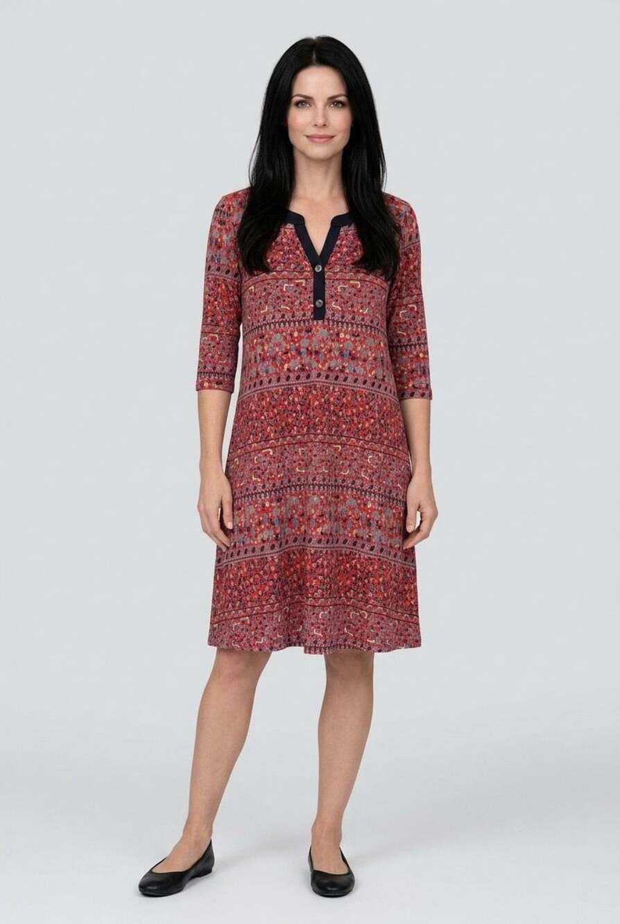 Honeyme Women's Red Floral Print 3/4 Sleeve Knee Length Tunic Dress